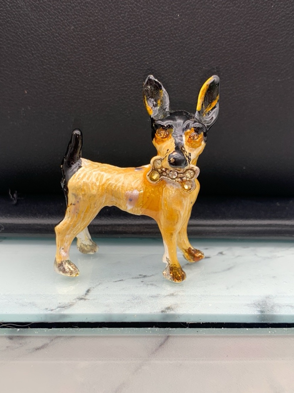 Vintage Best Signed Enamel Chihuahua Brooch in Black and Tan w Rhinestone Bone